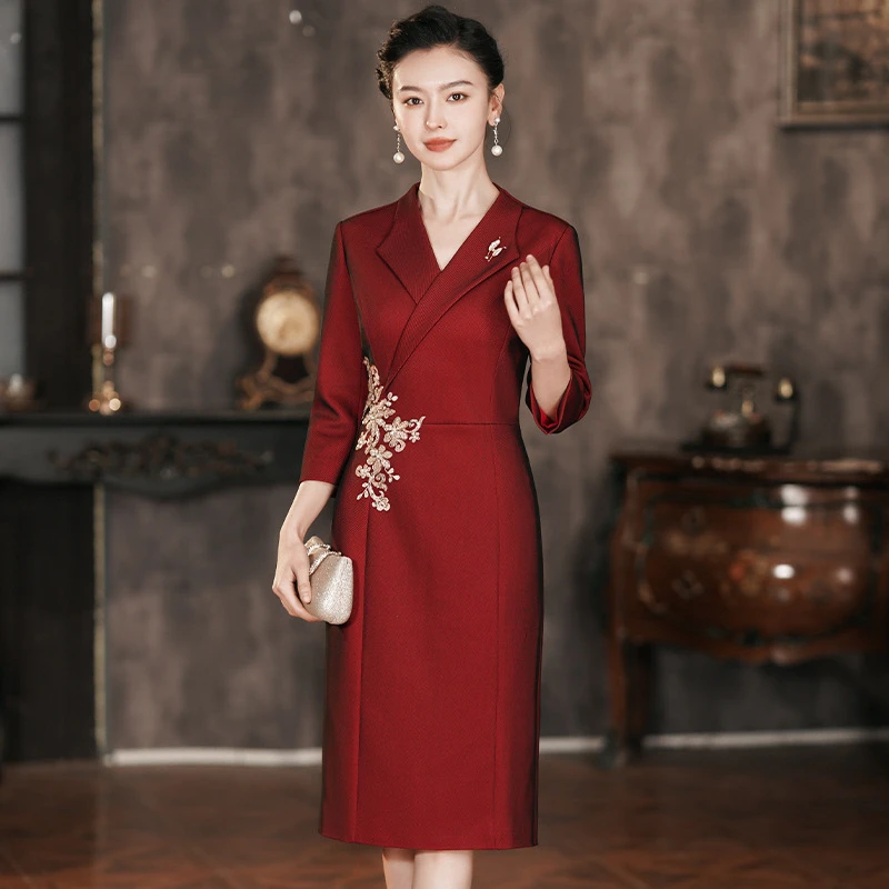 D02春装新款年轻妈妈婚宴礼服裙女高贵喜婆婆显瘦连衣裙流光风