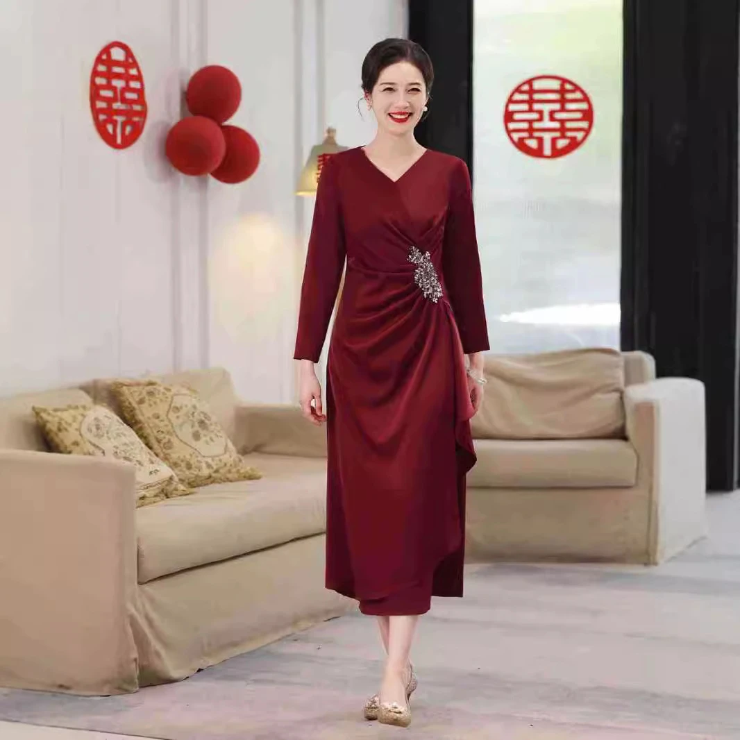 K02秋冬新款九分改良复古新国风旗袍修身中国风连衣裙晚礼服7XL