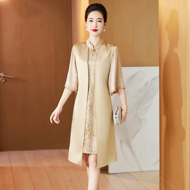 J85夏新品妈妈礼服高贵喜庆优雅婆婆婚宴礼服时尚假两件连衣裙