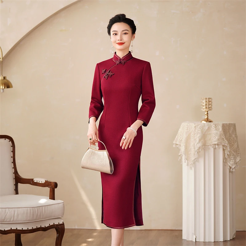 C29-高档金丝羊毛呢旗袍2023秋冬季七分袖喜婆婆喜妈妈婚宴连衣裙