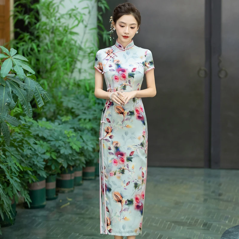 A98-新款真丝旗袍2024长款旗袍轻款复古修身平时可穿桑蚕丝连衣裙