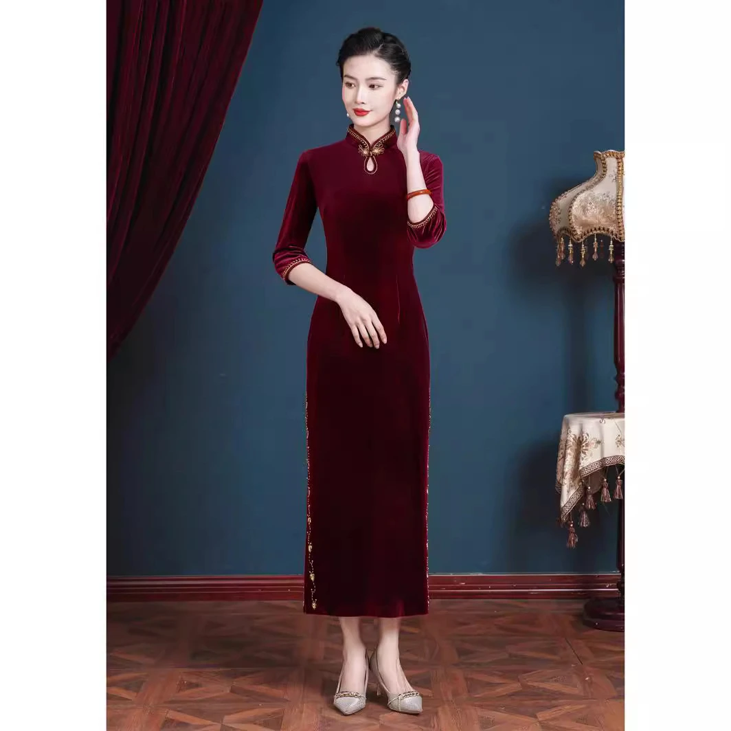 K33新款2025复古优雅中国风喜妈妈晚礼服婚宴喜婆婆敬酒服连衣裙