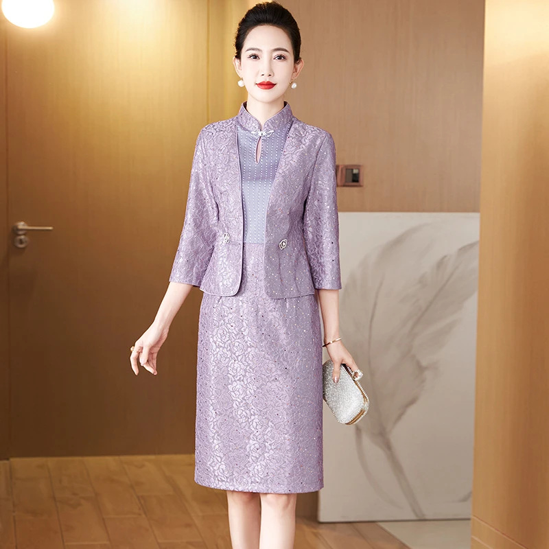 J66春季新娘妈妈装遮肚显瘦假两件婚宴年轻喜妈妈宴会礼服连衣裙