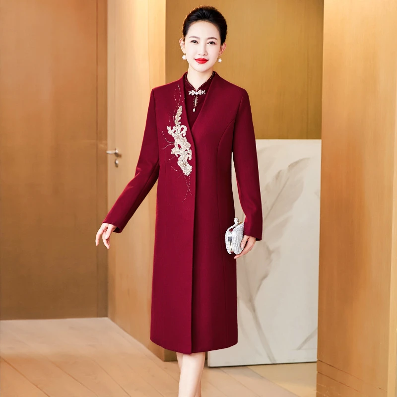 J06新款2024妈妈装喜婆婆婚宴礼服毛呢套装丈母娘结婚礼服连衣裙