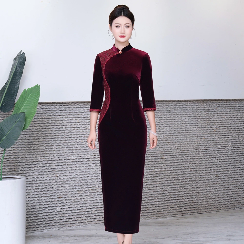 F34-秋季新款韩国绒拼蕾丝改良旗袍连衣裙妈妈装敬酒服复古长款