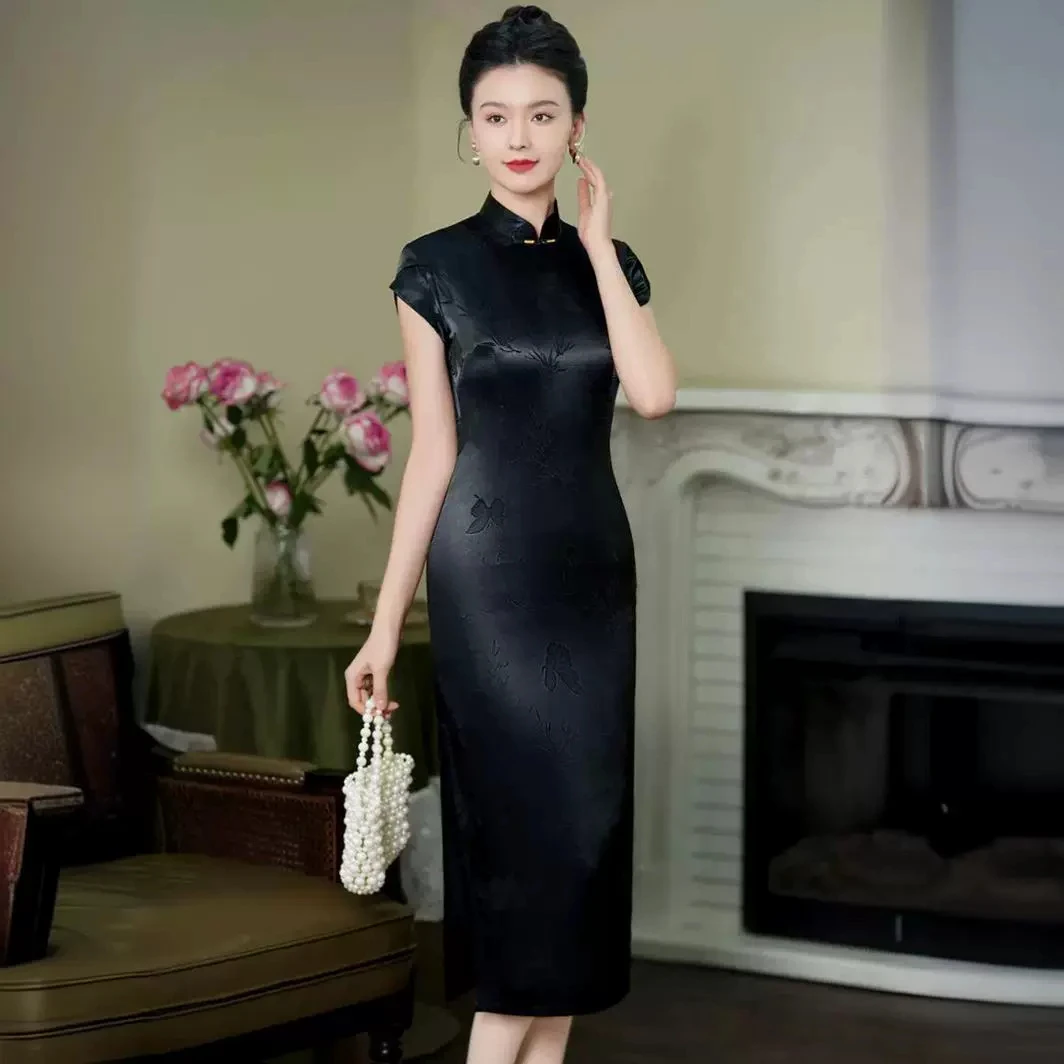 C204高端新中式黑色旗袍夏季女2025新款改良复古国风连衣裙年轻款