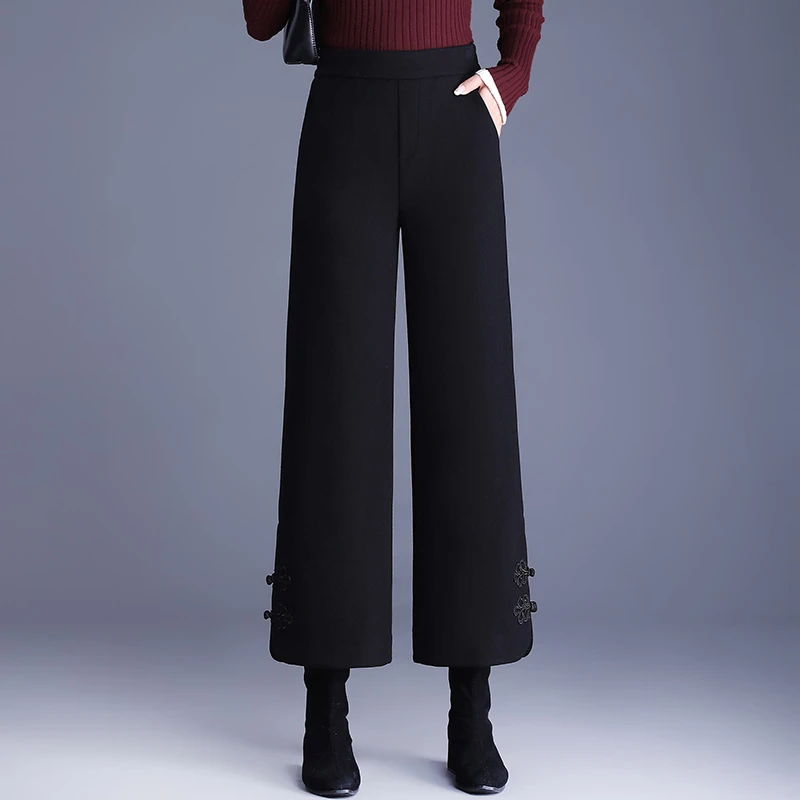 羊毛呢阔腿直筒裤复古新中式女秋冬高腰垂感气质显瘦长裤休闲裤子