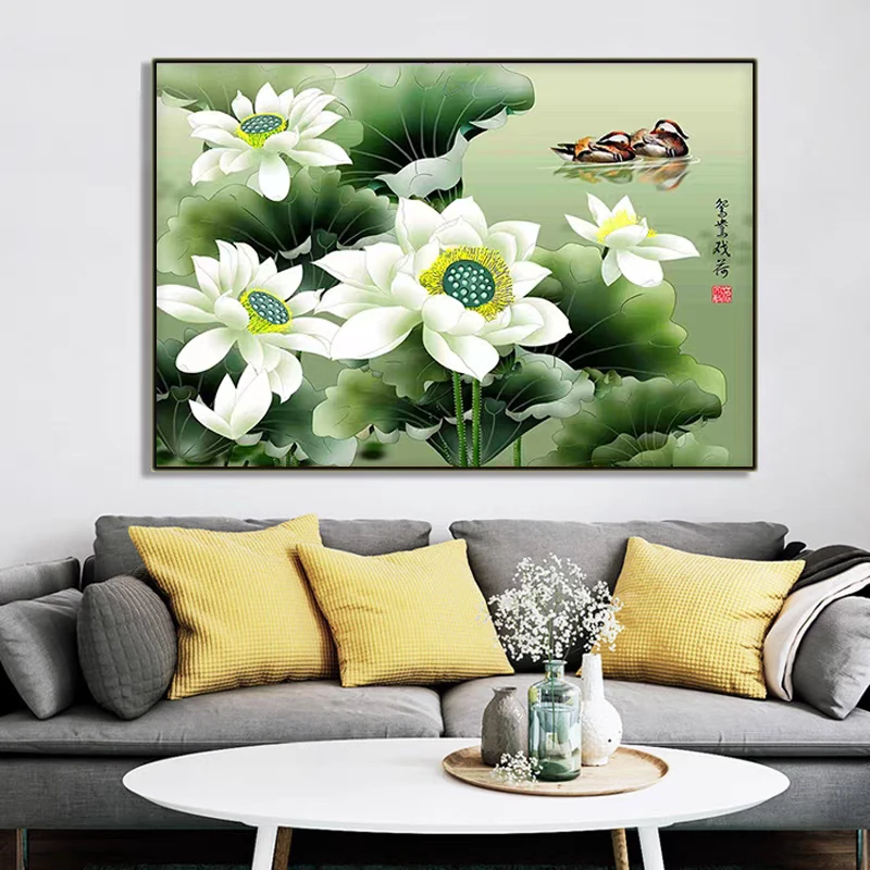 鸳鸯戏荷十字绣2024年新款线绣客厅自己绣简单白莲花结婚喜庆小件