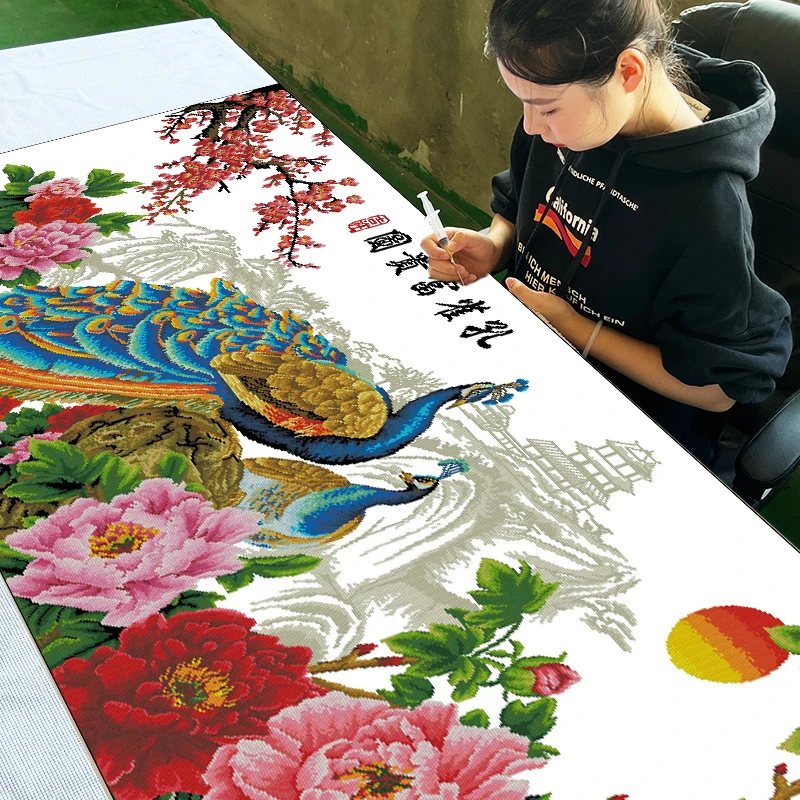 孔雀十字绣2024年新款线绣适合客厅自己简约大气花卉系列花开富贵