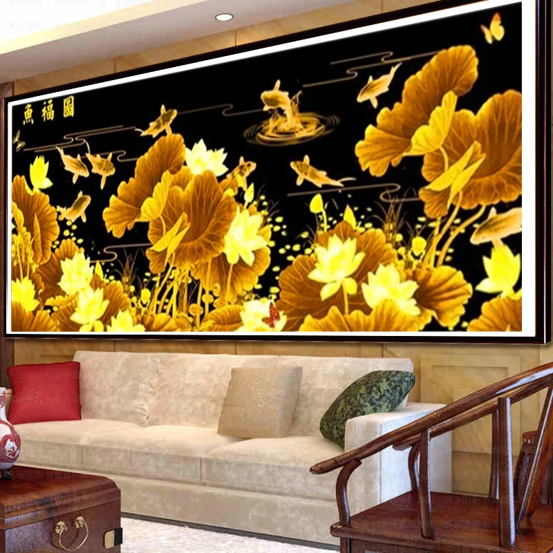 金色荷花十字绣2024年新款线绣刺绣花卉客厅自己绣现代风简单大幅