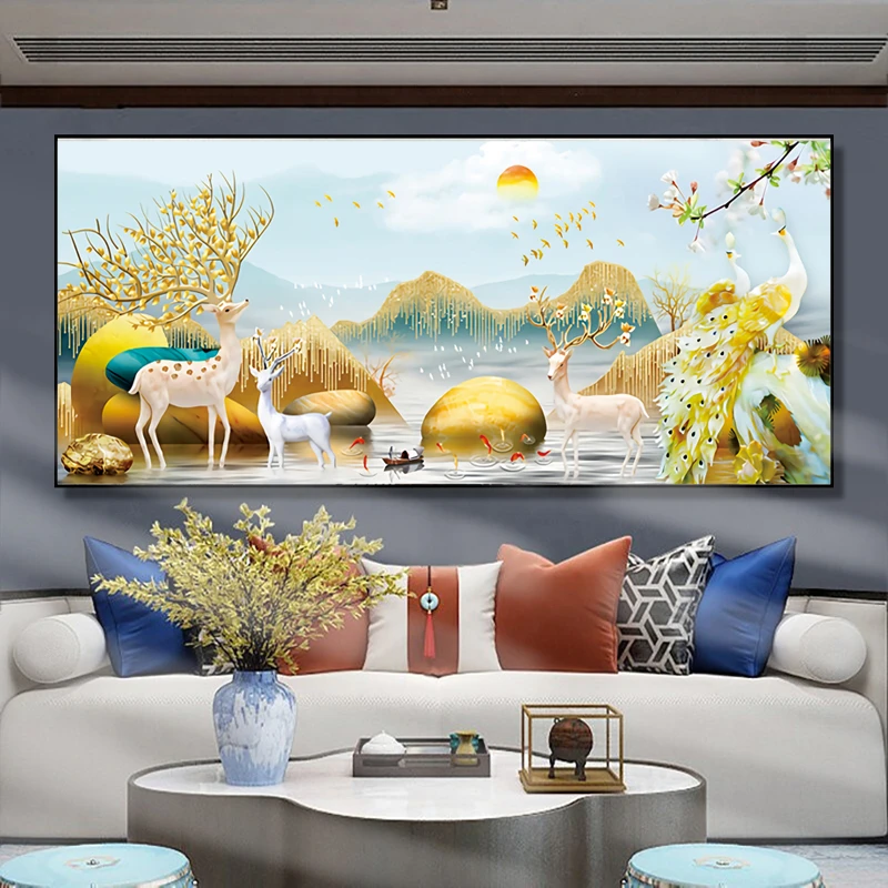 金色发财麋鹿十字绣2024年新款线绣适合客厅自己绣现代风动物满绣