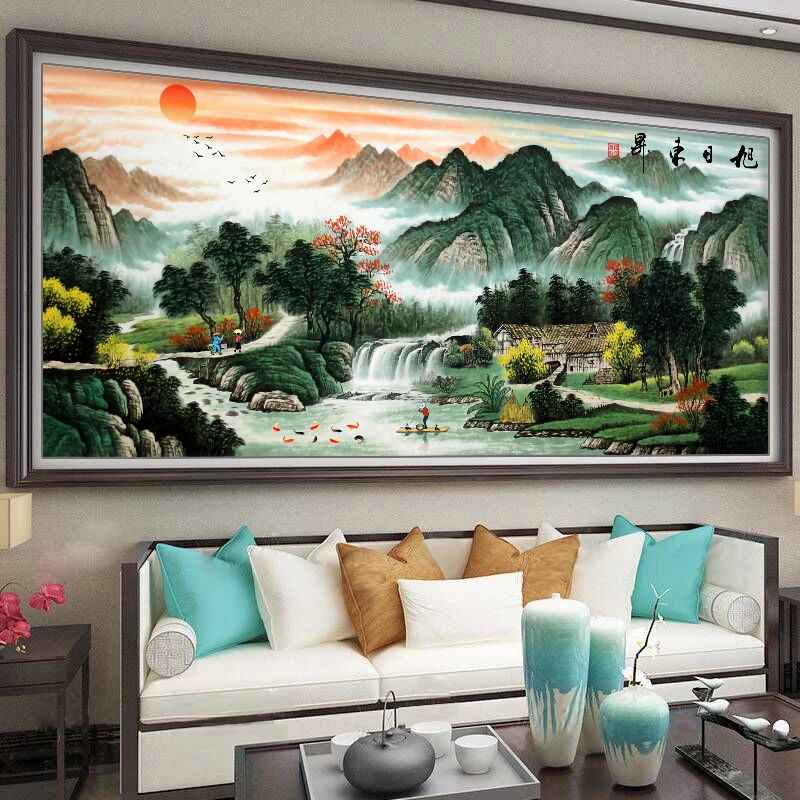 旭日东升十字绣2024新款线绣客厅山水画风景画流水生财
