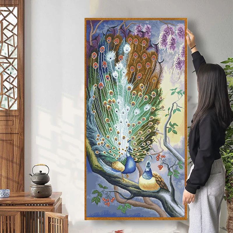 紫气东来十字绣2024新款线绣客厅玄关自己绣简单孔雀开屏动物小件