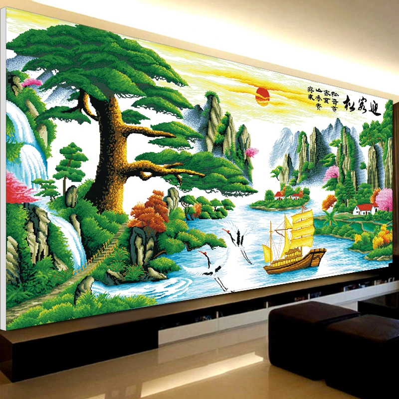 迎客松十字绣2024新款线绣刺绣山水画适合客厅自己绣高端大气大幅