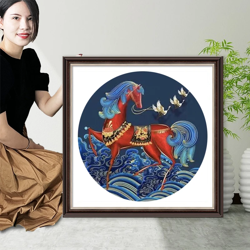 一马平川十字绣2024年新款线绣玄关客厅自己绣简单马到成功圆形小