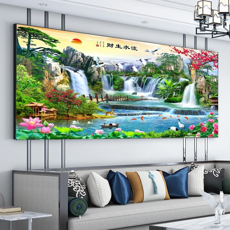 流水生财十字绣2024年新款线绣刺绣山水聚宝盆客厅自己绣高端大幅