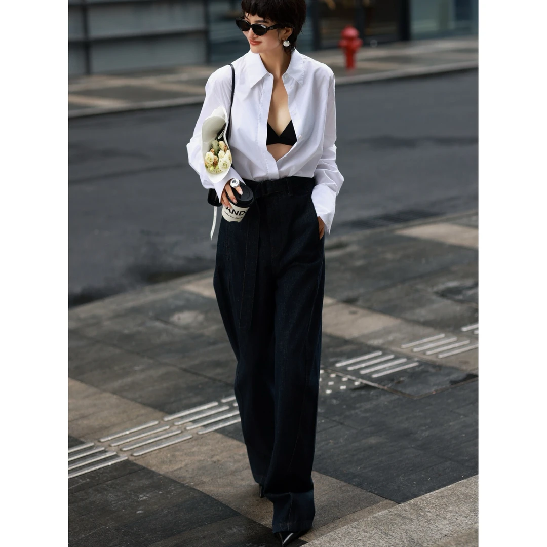 【自在出行】秋季皮马棉白衬衫休闲高腰上衣牛仔裤时尚套装宽松长袖
