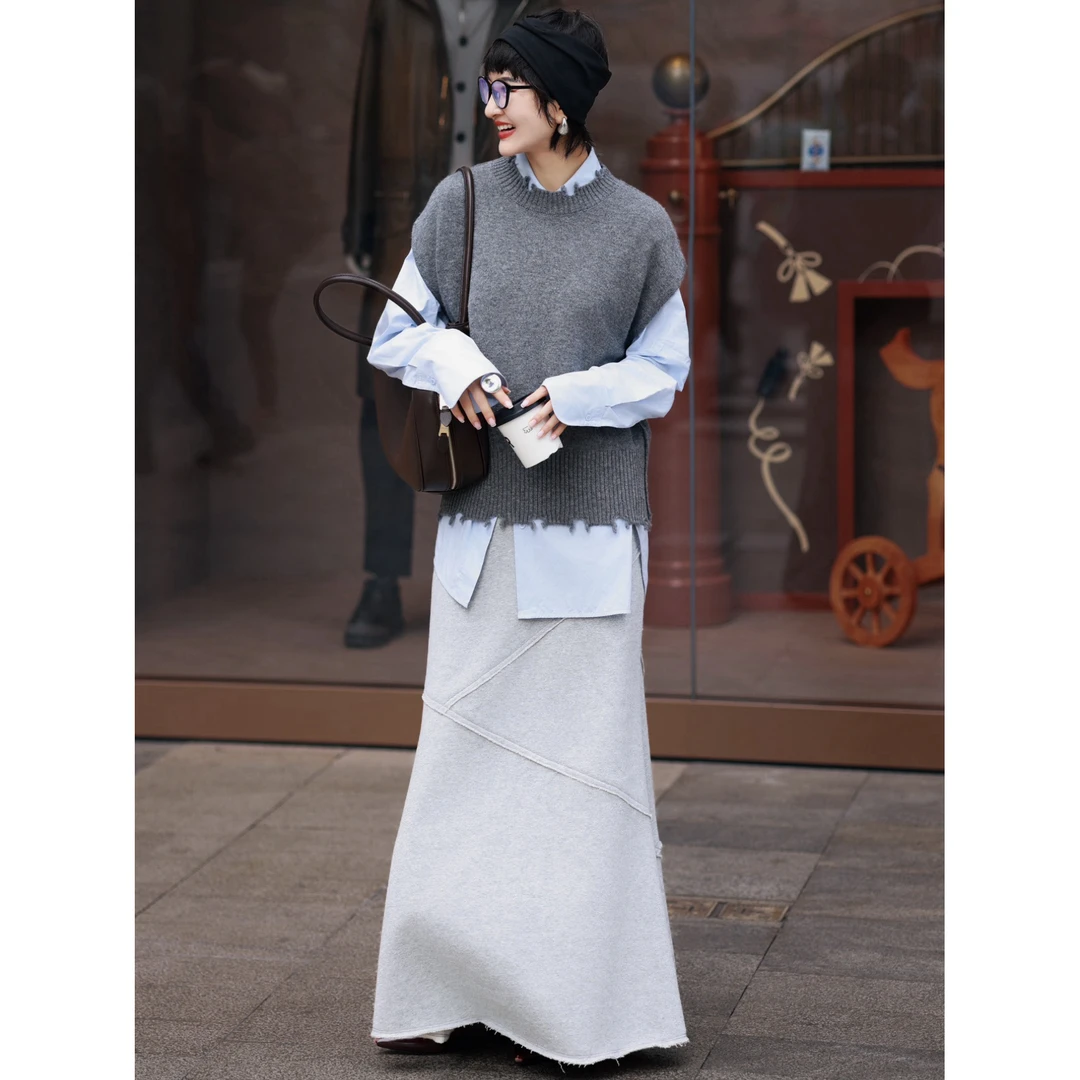【假期愉快】羊毛马甲 叠穿衬衫 鱼尾拼接半裙 时尚套装