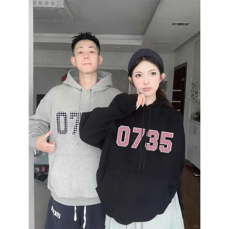 美式高街潮流连帽衫卫衣情侣款秋冬季加绒加厚国潮印花套头外套