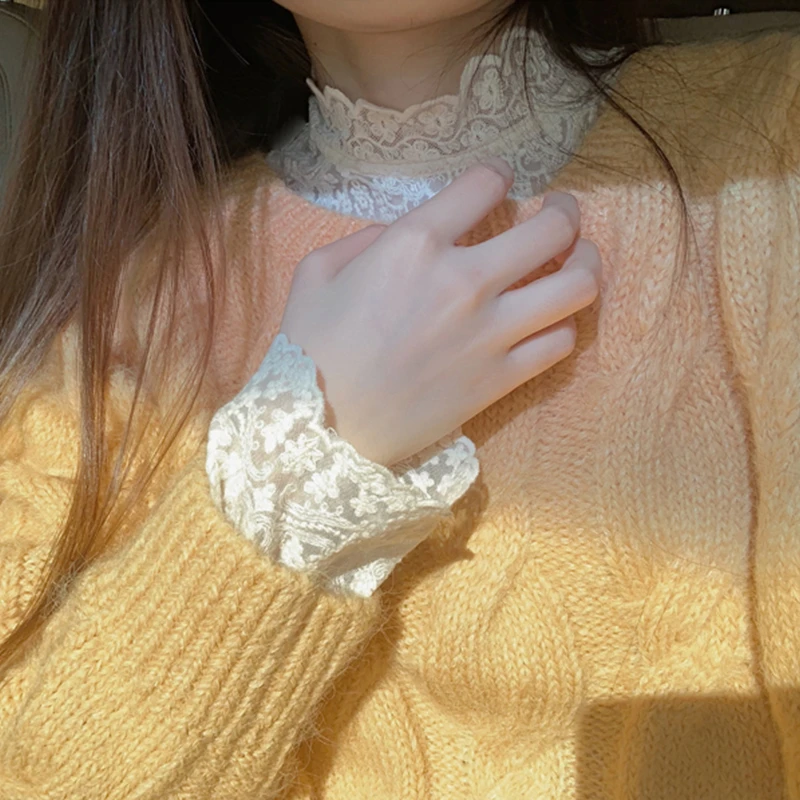 半高领蕾丝打底衫女洋气内搭春秋冬新款加绒刺绣长袖网纱上衣叠穿