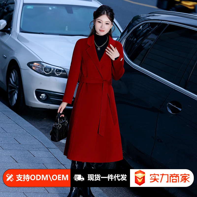 秋冬红色双面羊毛大衣女2024新款中长款气质赫本风西装领毛呢外套