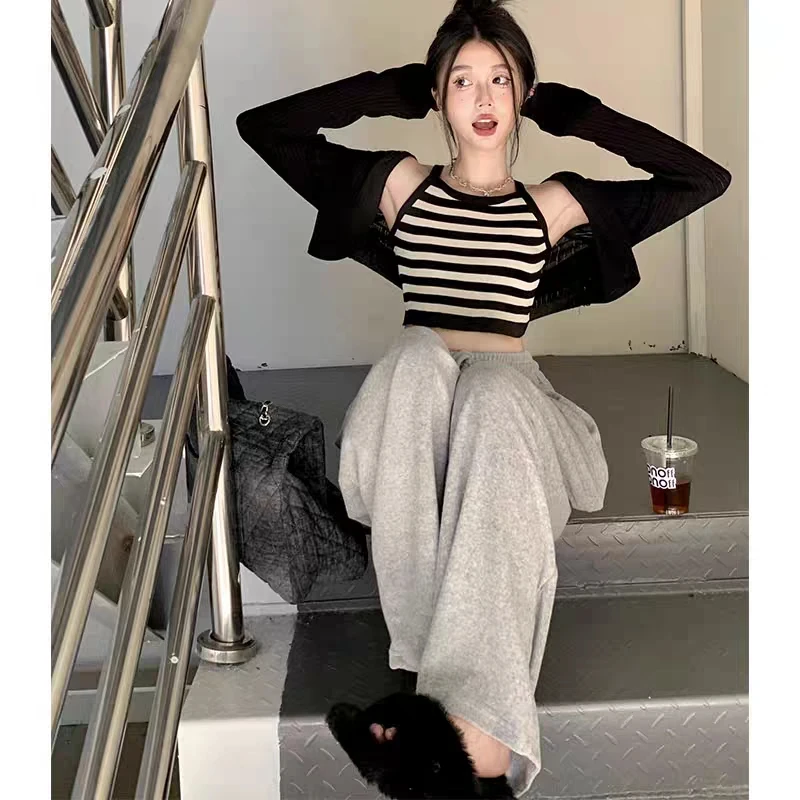 L179甜辣妹条纹吊带背心针织披肩开衫叠穿两件套女纯欲露脐上衣