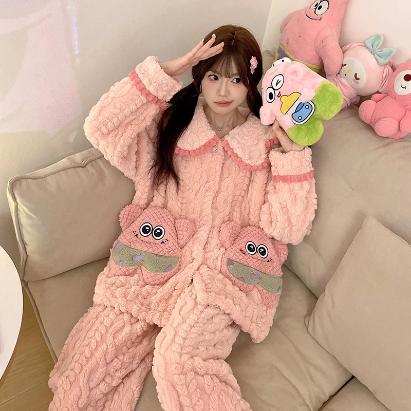 YUZHAOLIN/俞兆林卡通长袖翻领少女秋冬季加厚珊瑚绒舒适睡衣套装