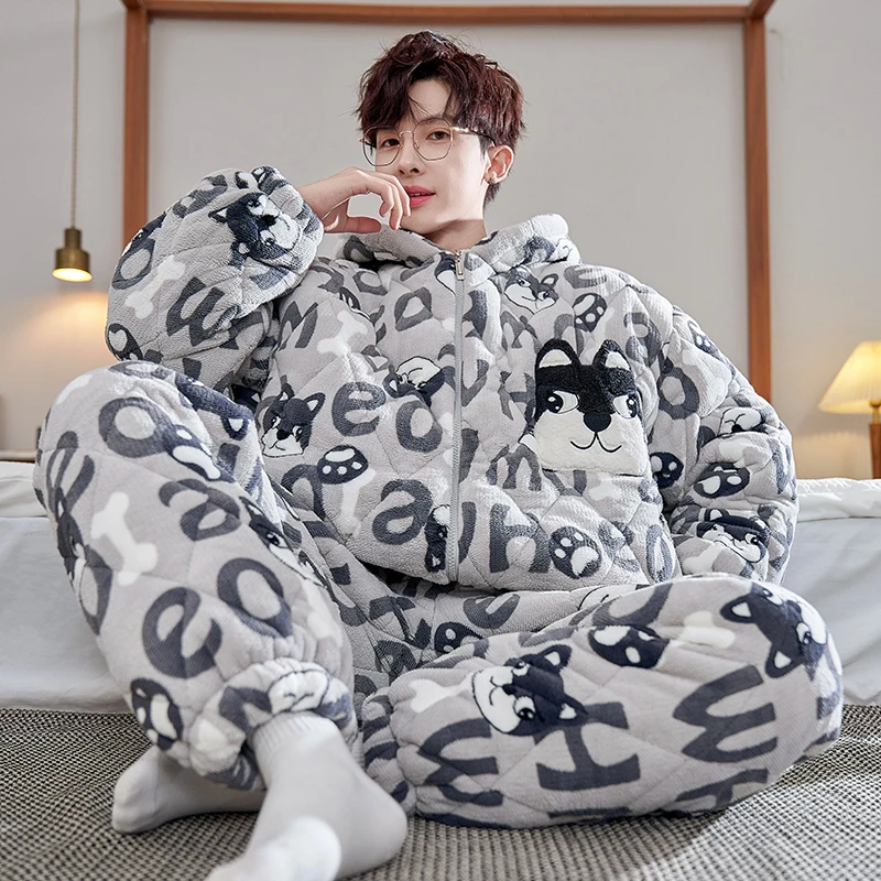 YUZHAOLIN/俞兆林冬季加厚法兰绒三层夹棉连帽男士睡衣青少年套装