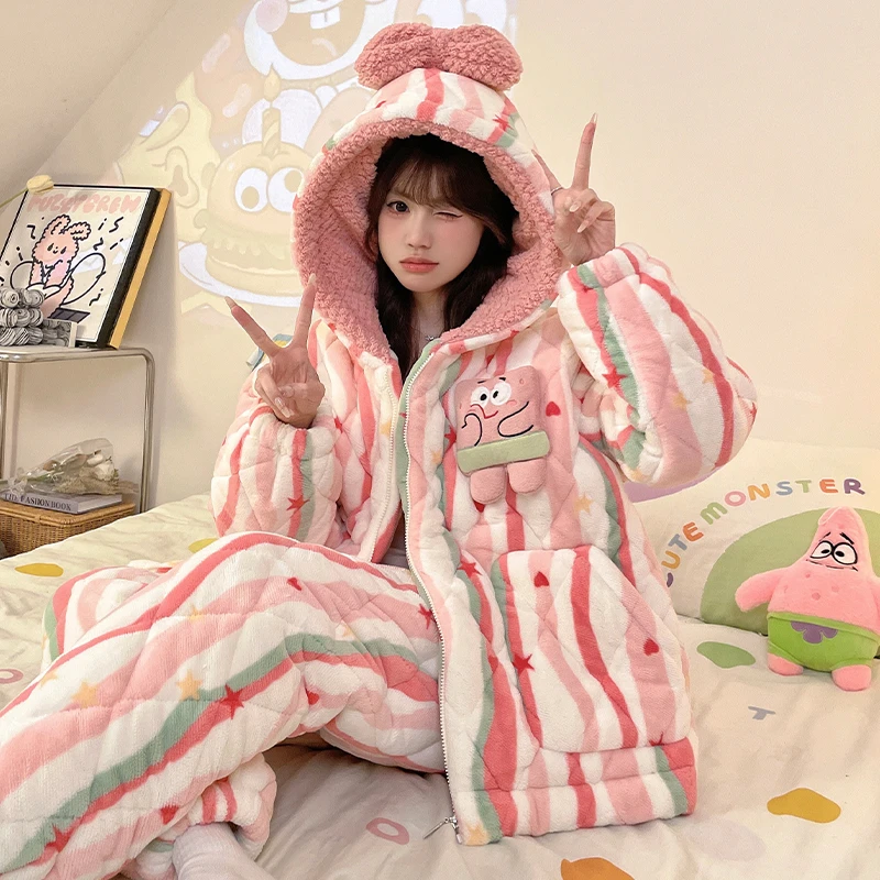 YUZHAOLIN/俞兆林2025新品连帽款法兰绒三层夹棉加厚睡衣女大学生