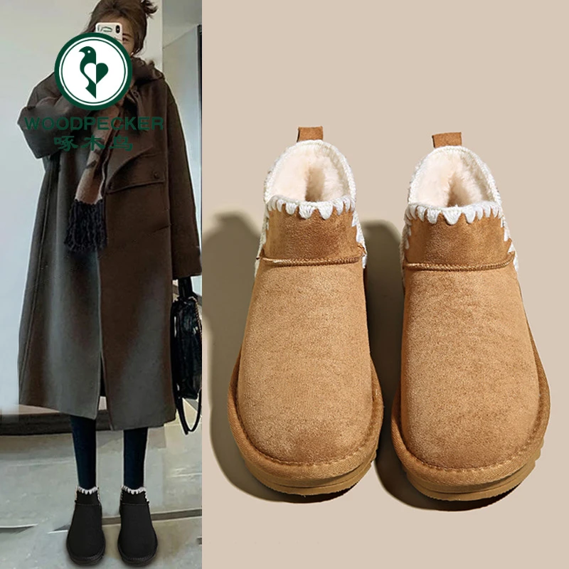 啄木鸟网红雪地靴女款冬季加绒加厚保暖东北棉鞋2024新款平底短靴