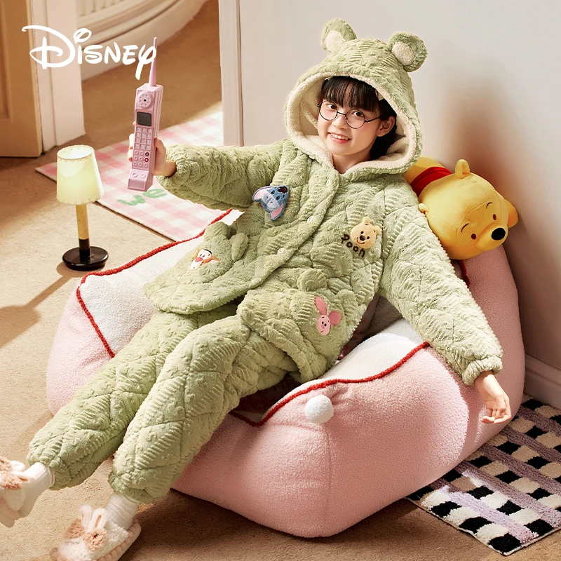Disney/迪士尼女童三层夹棉睡衣冬季加厚连帽可爱甜美家居服2496