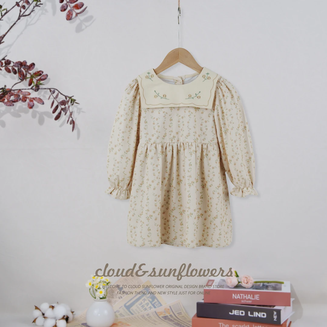 【云朵小葵】女童洋气大翻领满印小花金线刺绣长袖连衣裙1112836