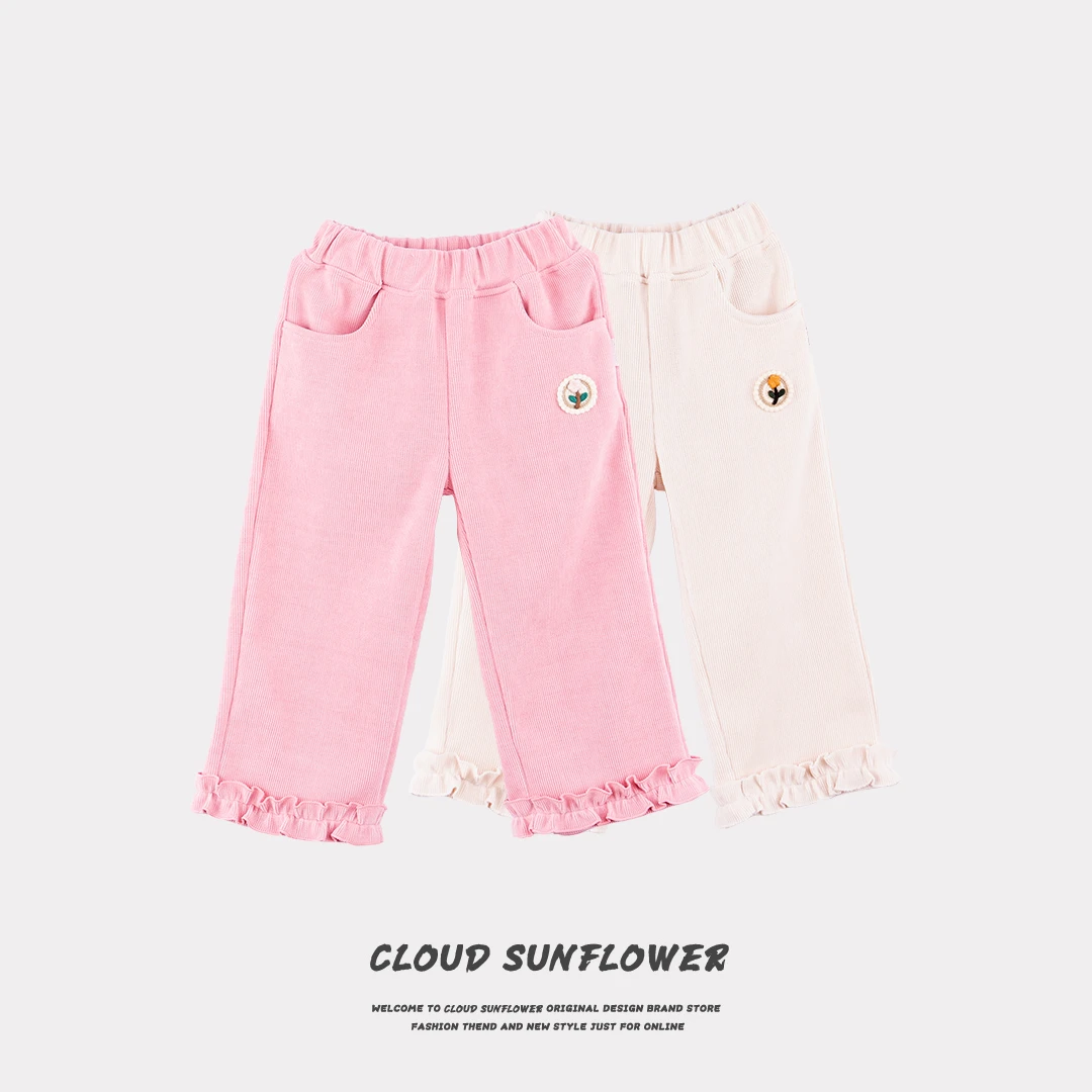【Cloud&Sunflower】儿童纯色小粉花贴布显瘦直筒休闲裤108216