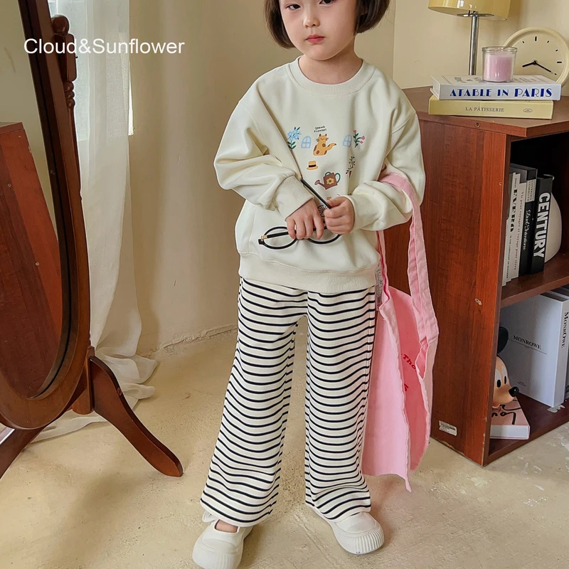 【云朵小葵】女童秋季宽松直筒黑白条纹针织休闲裤1112838