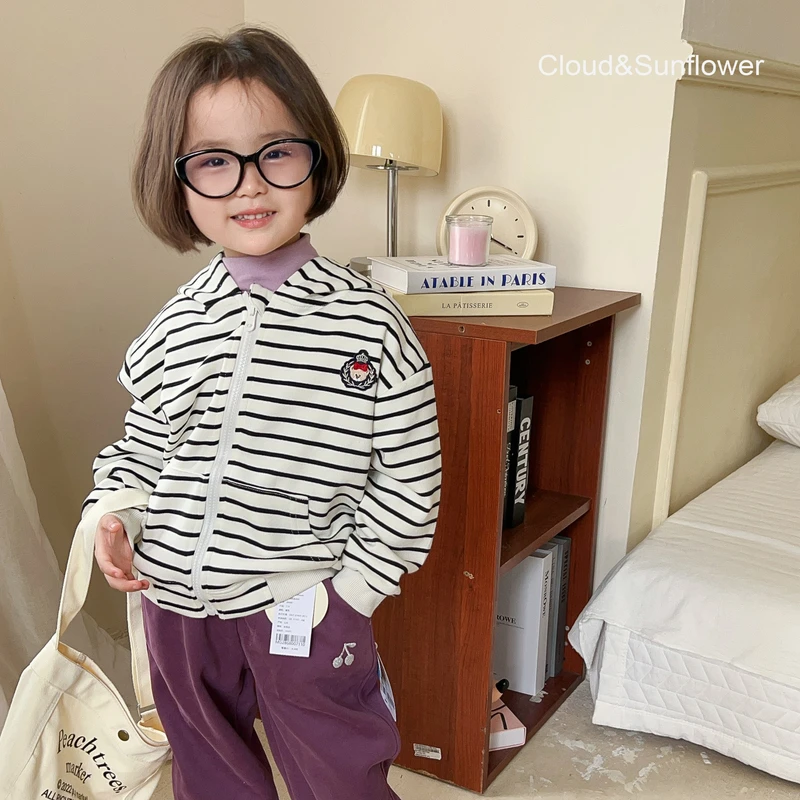 【云朵小葵】女童秋季连帽黑白条纹麦穗休闲外套1112852