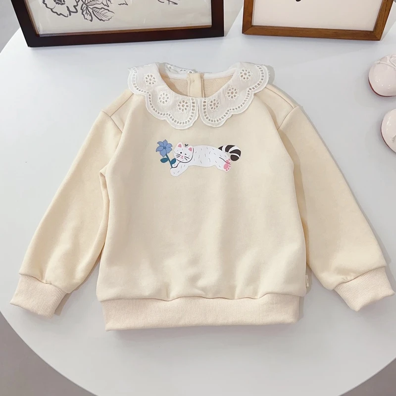 【云朵小葵】女童时尚蕾丝翻领卡通小猫印花休闲卫衣660289