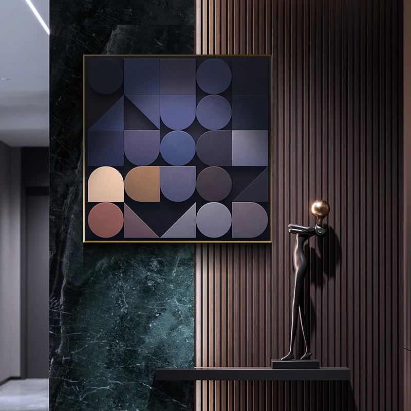 玄关壁画现代客厅餐厅高级感艺术装饰画风格几何风3D雕刻手绘单幅