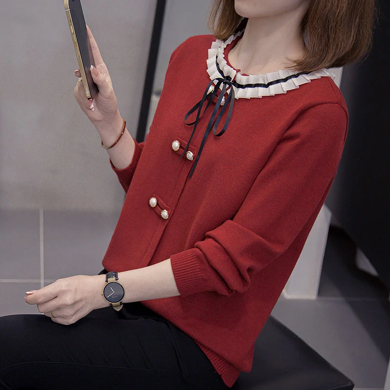 大码女装2024秋冬新款设计感盘扣花边领口绑带长袖针织衫内搭毛衣