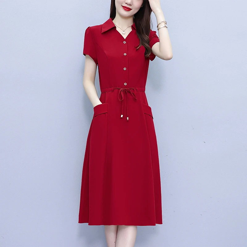 高端夏季短袖翻领中长款连衣裙女妈妈装时尚百搭休闲洋气收腰裙子