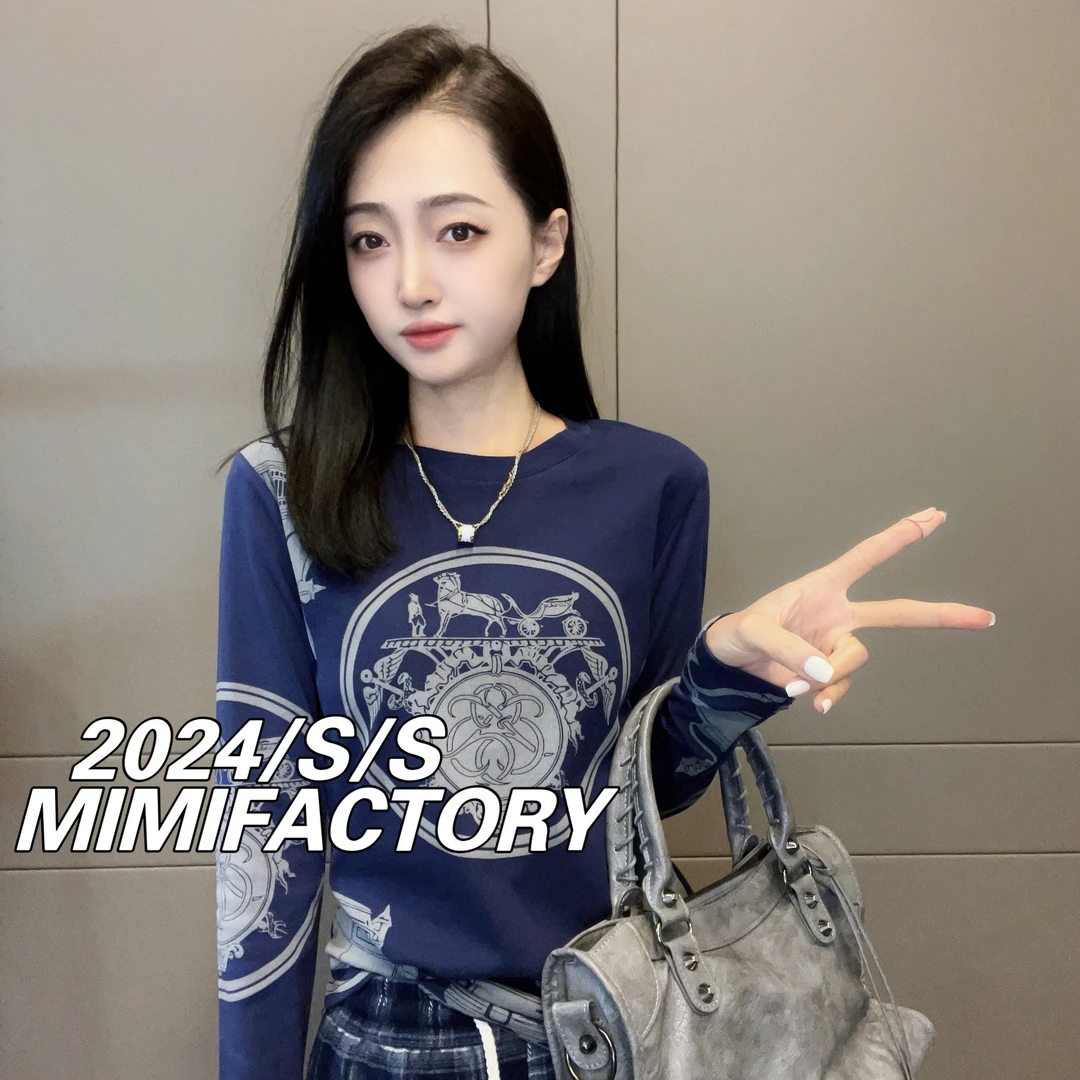 芈芈-2024秋季长袖 创意马车设计长袖T恤女修身显瘦百搭上衣XCTQ