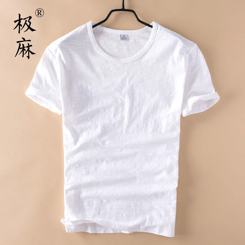 基础款圆领竹节棉T恤衫男士休闲薄款白色修身柔软日系纯棉男t恤衫