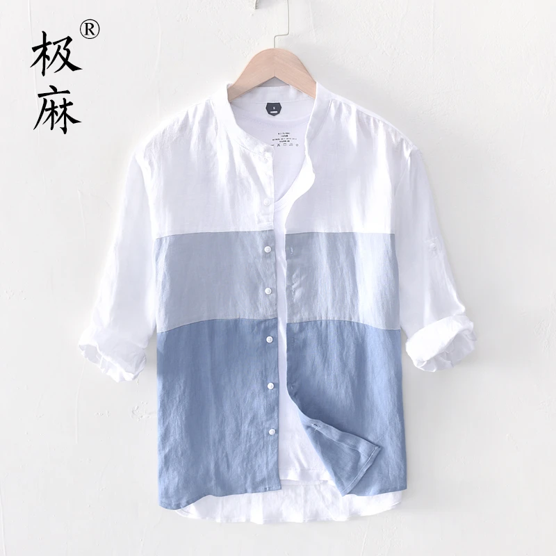 WC4242拼色七分袖亚麻衬衫男士立领百搭休闲大码拼接宽松透气衬衣