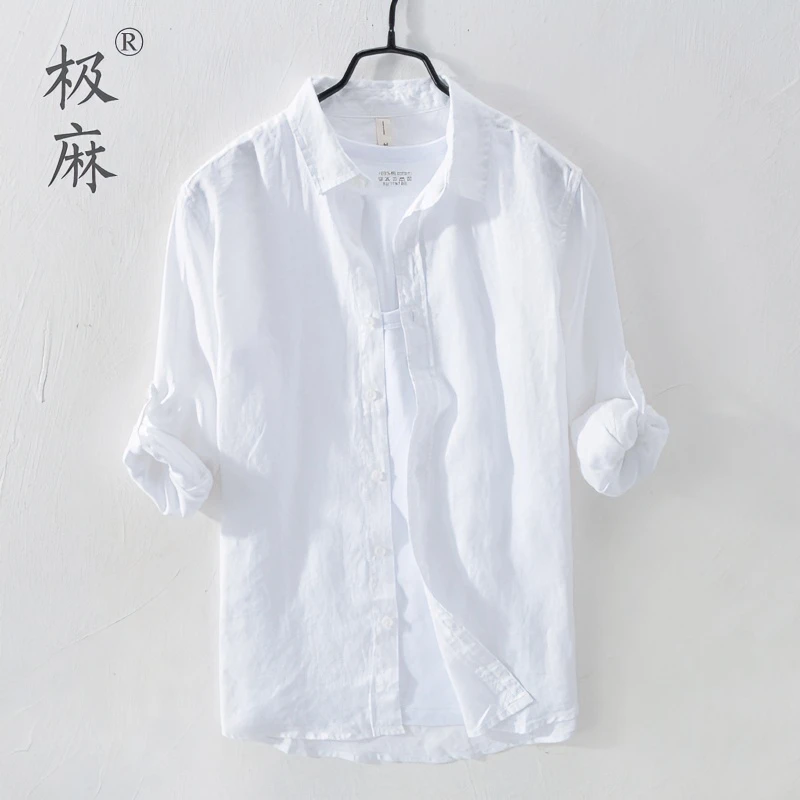 610纯色休闲长袖亚麻衬衫男士时尚薄款透气修身麻料宽松防晒衬衣
