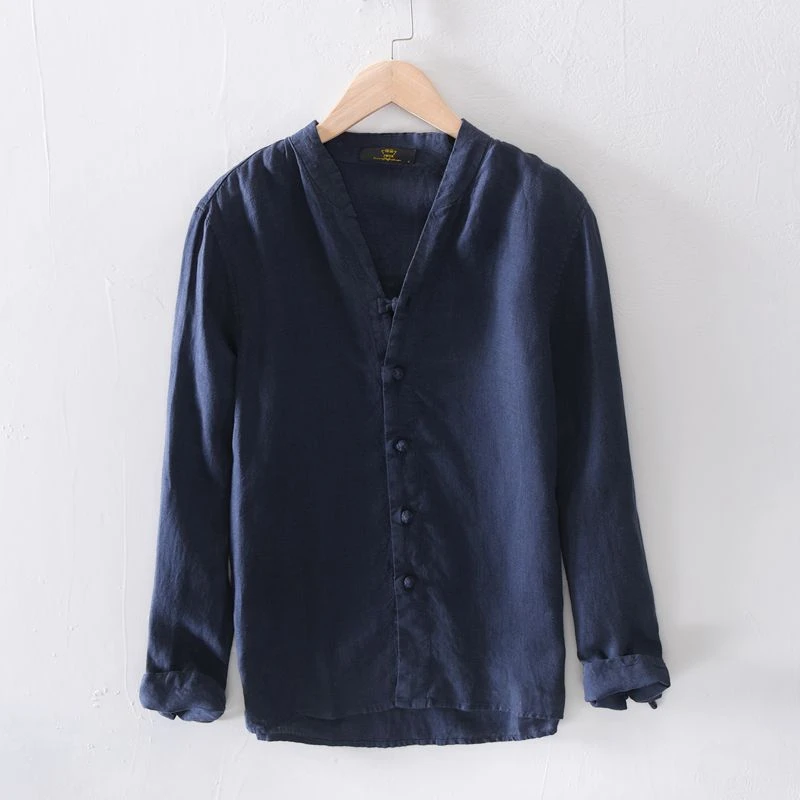 中国风盘扣亚麻衬衫男士休闲长袖白色立领薄款文艺宽松麻料衬衣