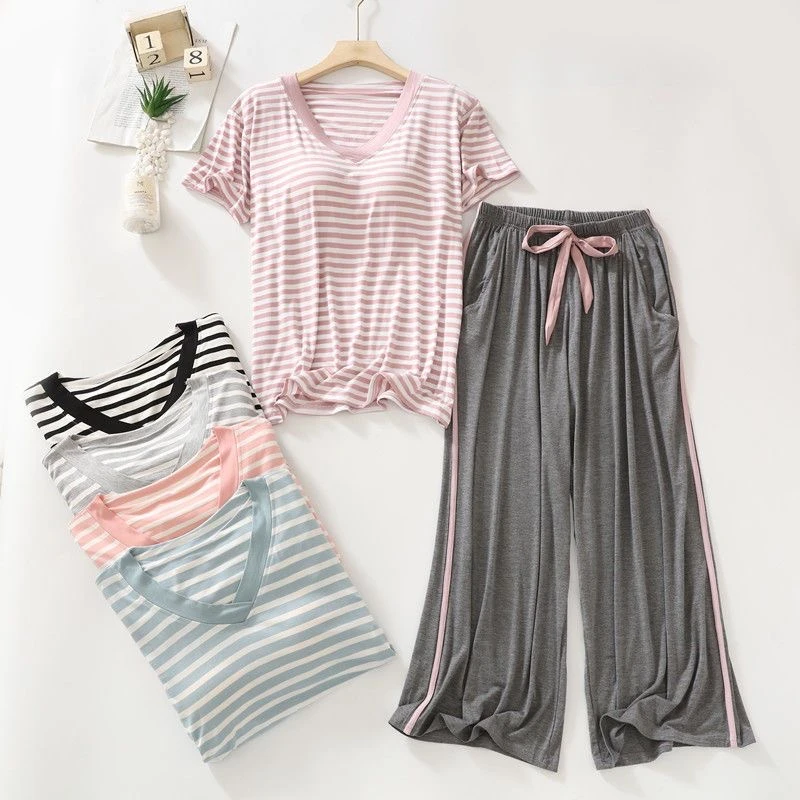 女士夏薄款家居服套装带胸垫短袖上衣长裤睡衣套装阔腿裤宽松大码