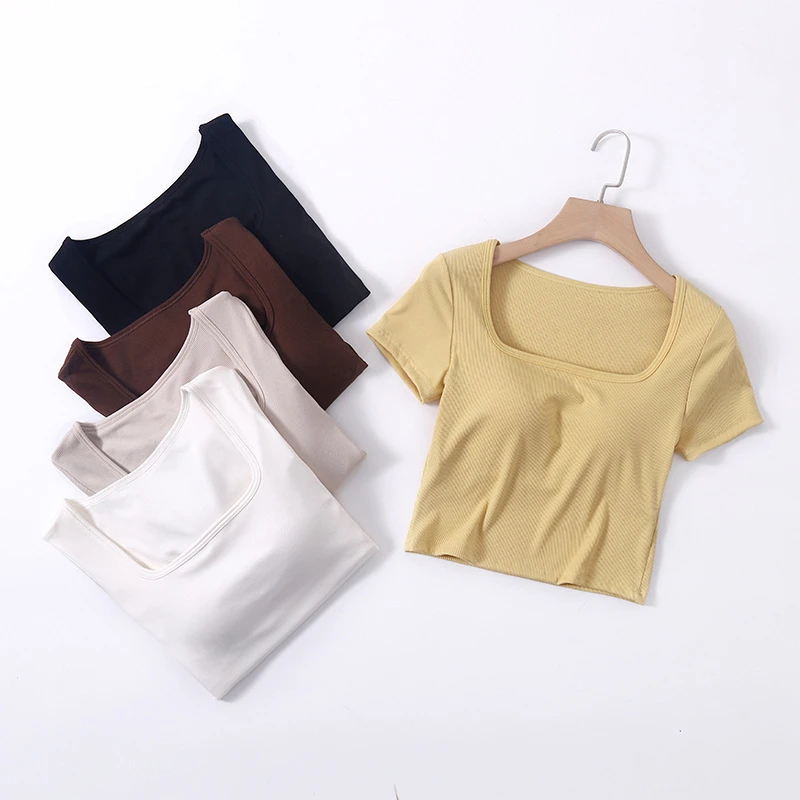 女夏季方领薄款露脐短袖自带胸垫上衣内搭外穿性感弹力修身短T恤