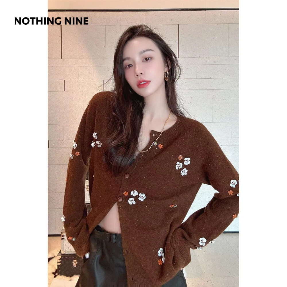 NOTHING NINE焦糖布丁 花朵亮片羊毛开衫