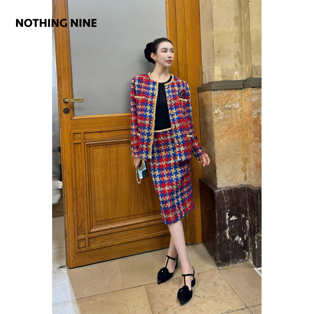 NOTHING NINE莫尔斯热潮法式红蓝格纹 亮片半裙