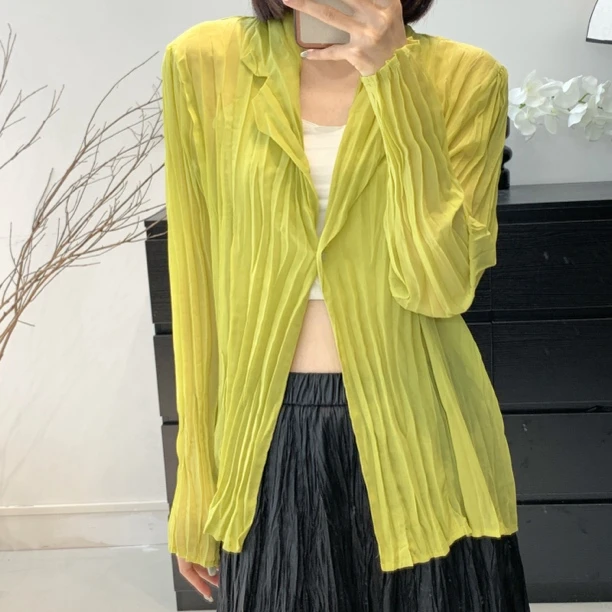 法式慵懒氛围感夏罩衫女气质手工艺术透视感薄款褶皱上衣衬衫开衫