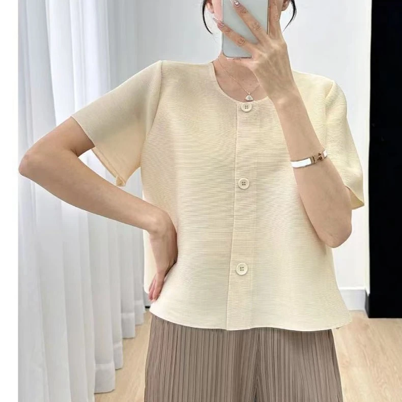 衬衫短袖上衣女夏季单排扣褶皱小开衫甜美减龄圆领娃娃衫宽松